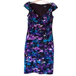 Adrianna Papell Floral Banded Sheath Dress Purple Teal Women’s Size 4